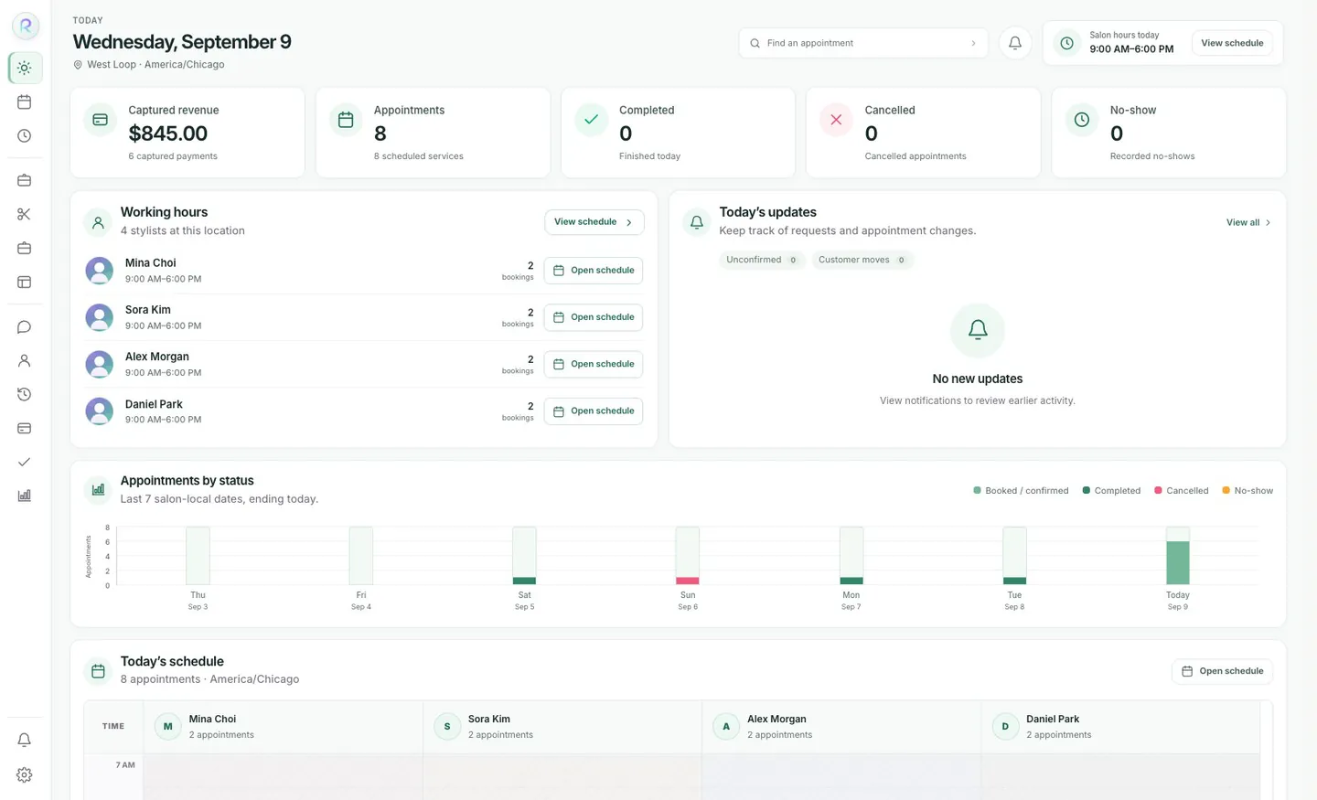 Refinelook Today workspace showing appointments, working hours, and the daily schedule using example data
